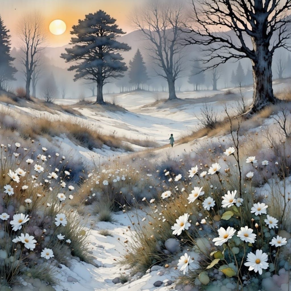 Snowy Landscape in Watercolor Comic Book Style