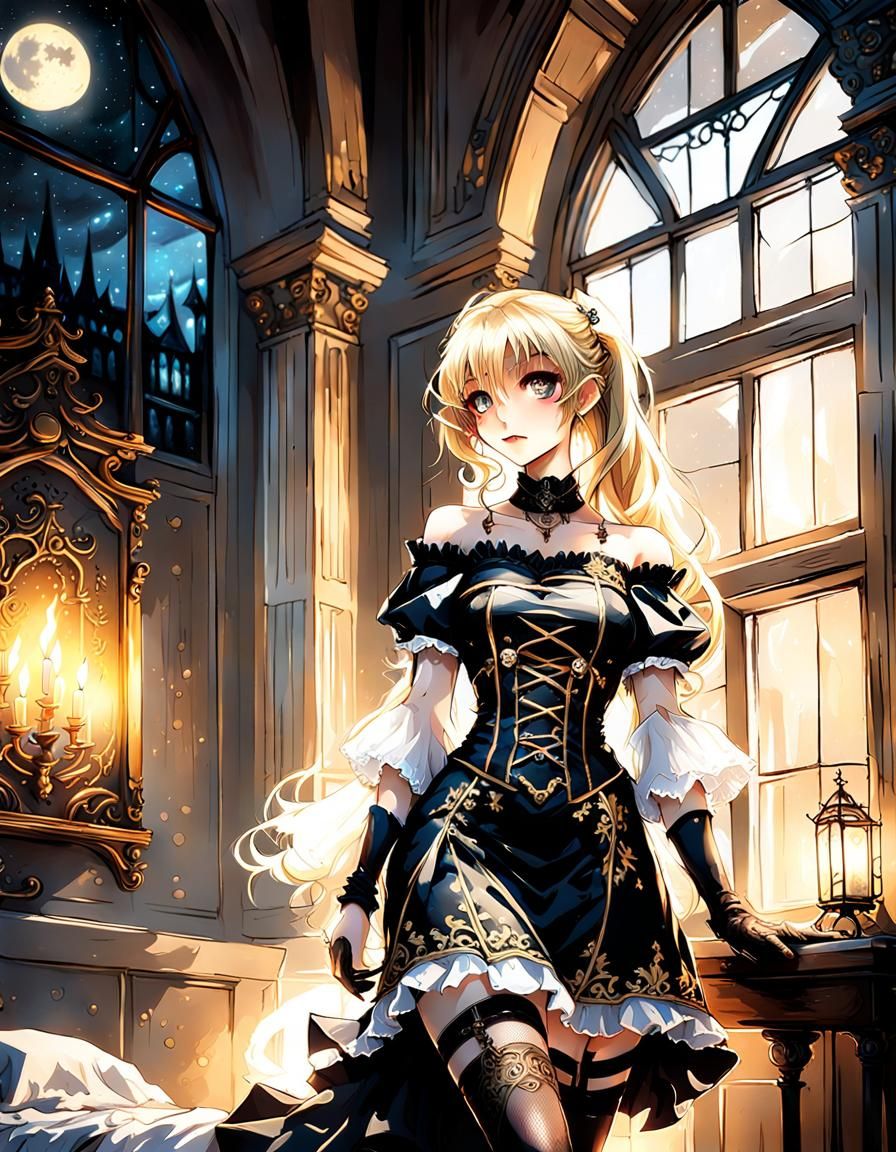 Anime styled airbrush art of anime blonde haired woman beautiful face renaissance black off the shoulder dress mini skir...