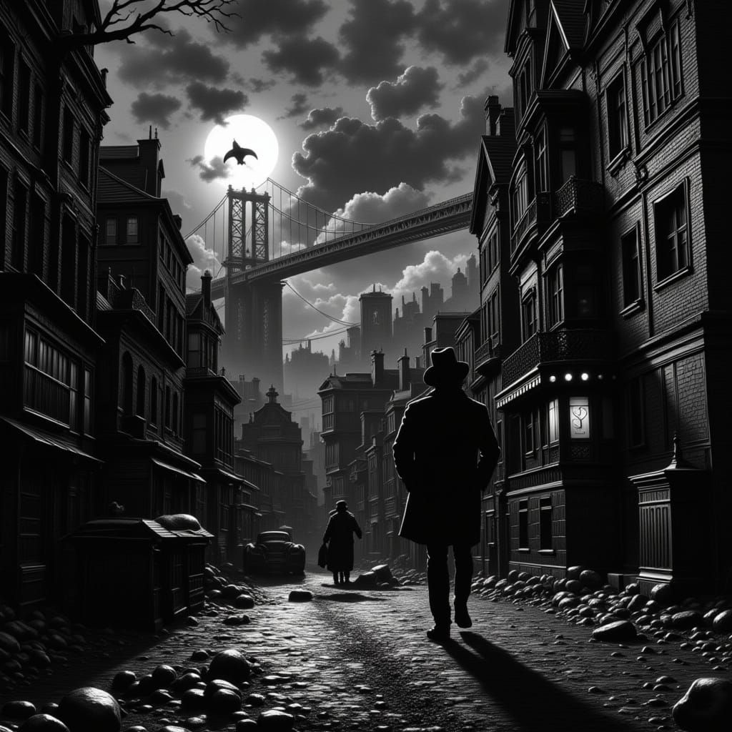 Black and White Film Noir Detective in Moody Cityscape