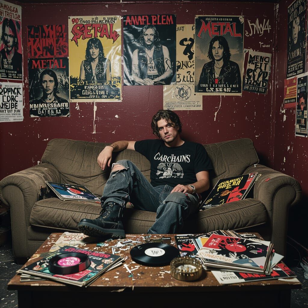 90s Grunge Basement Scene with Couple and Vintage Decor