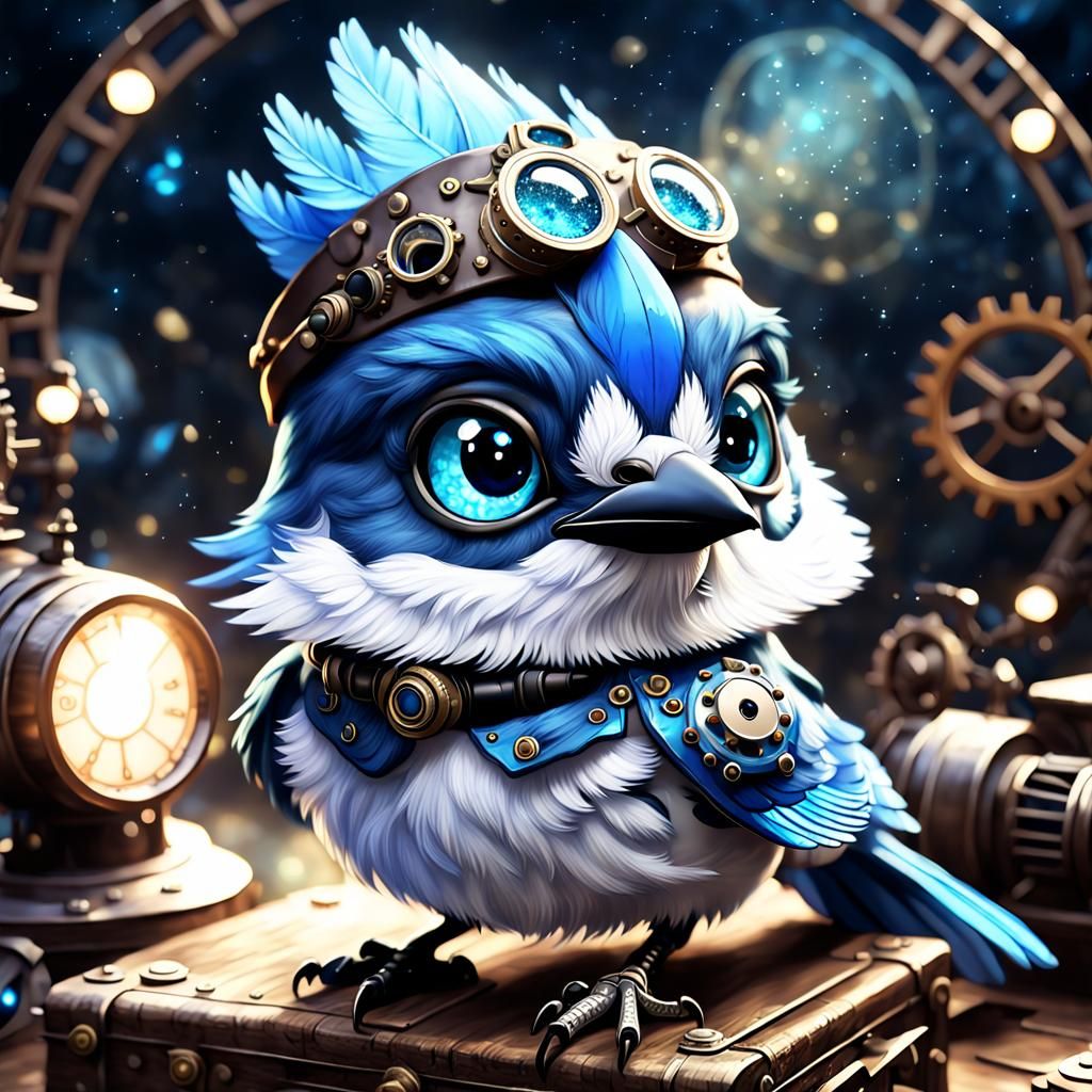 Steampunk Chibi Blue Jay Portrait in 16k Resolution