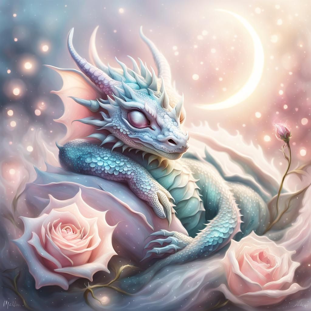 Baby Dragon Sleeping on Rose in Dreamy Moonlight