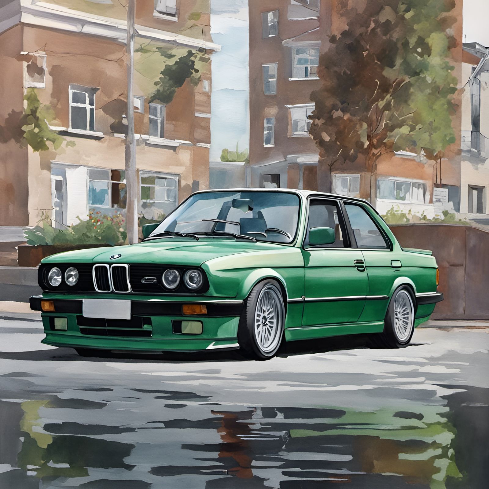 Green colored BMW E30 car, cool colors, photorealism, IMAX, hyperdetailed,
