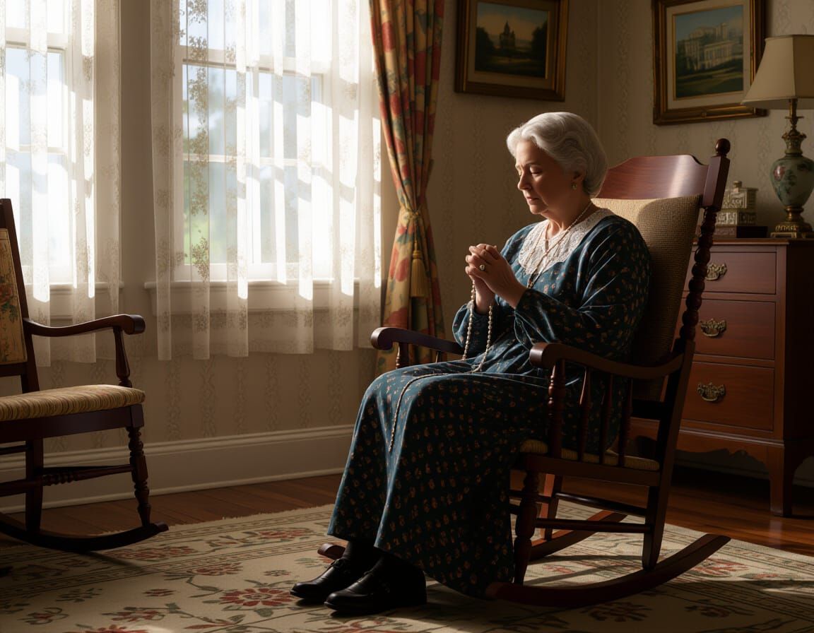 Cinematic Old Woman Praying Rosary in Rocking Chair