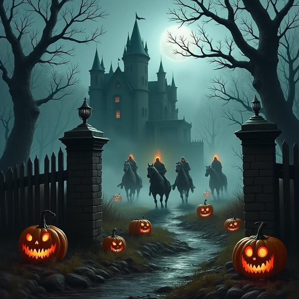 Dracula's Castle in Mist with Headless Horsemen