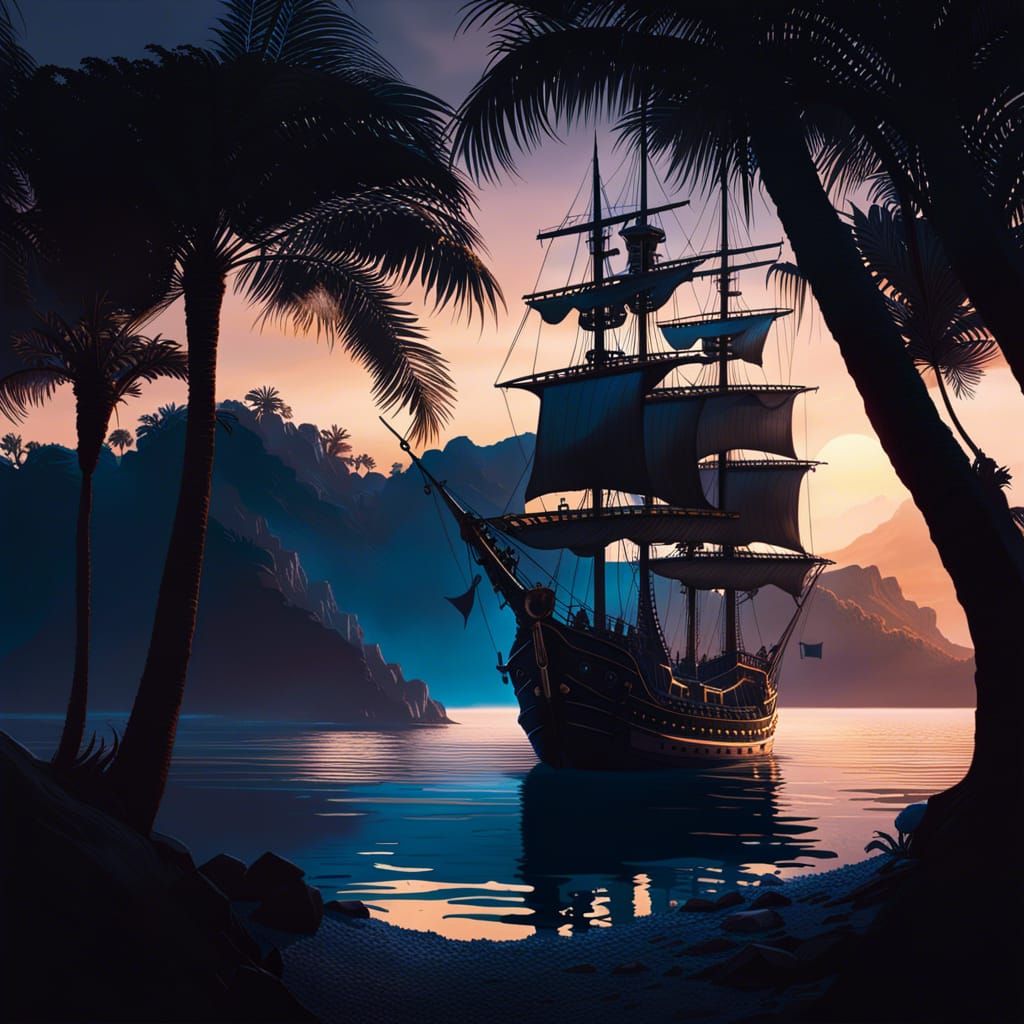 Pirate Ship in Tropical Cove at Sunset