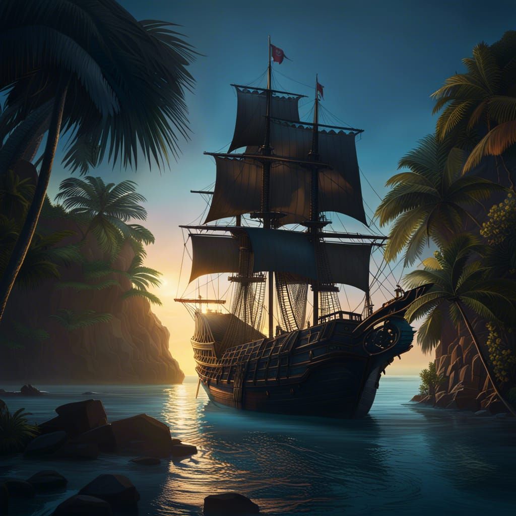 Pirate Ship in Tropical Cove at Sunset