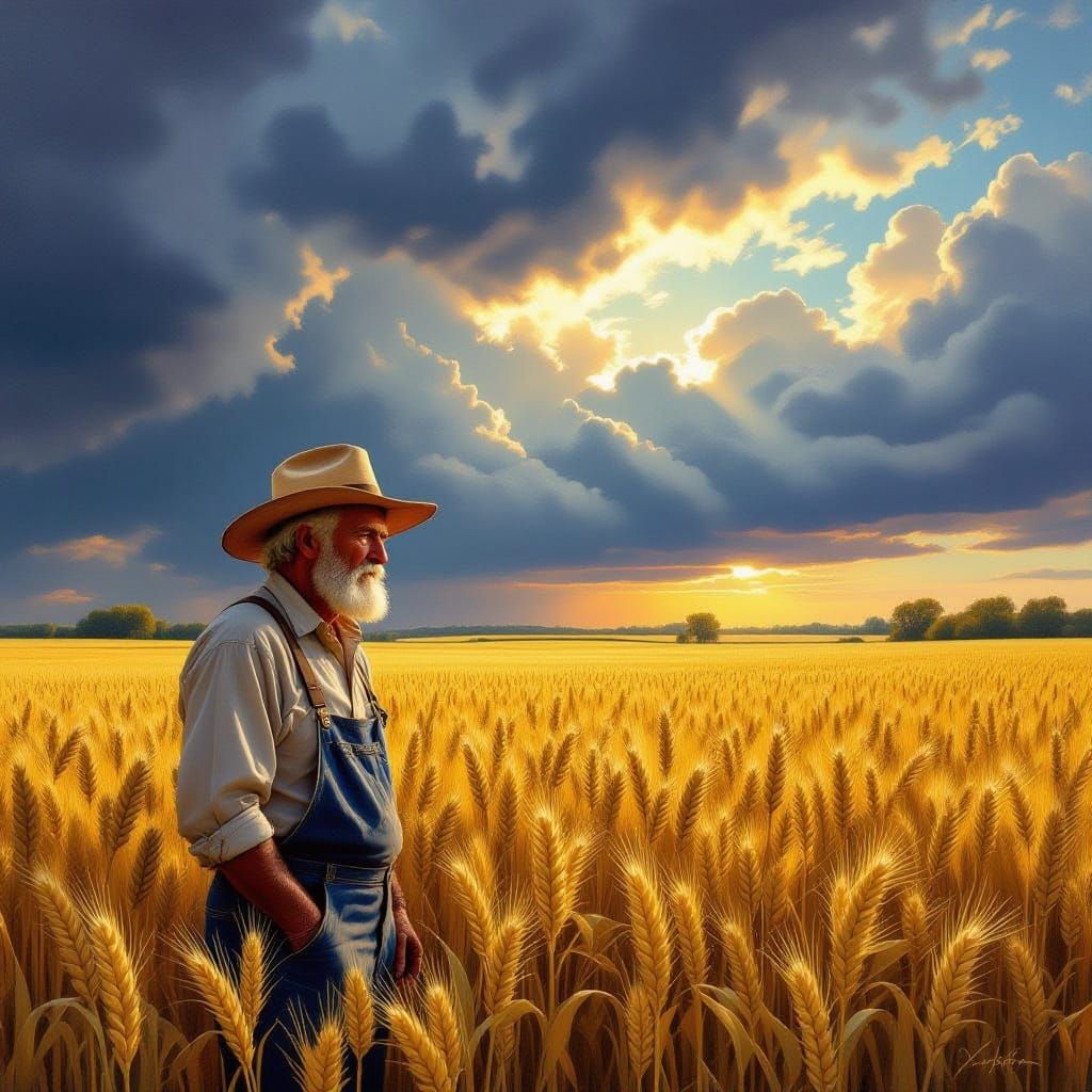 Elderly Farmer in Golden Wheat Field Under Stormy Sky