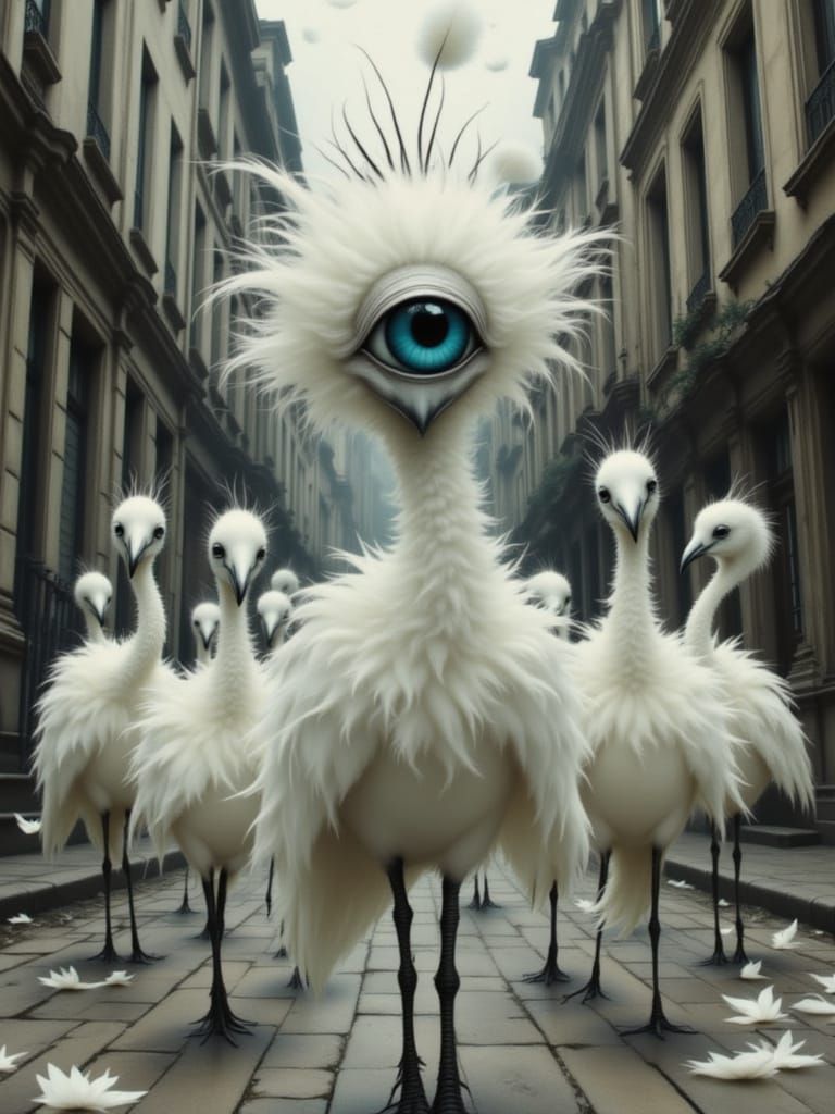 Surreal Birds March in a Haunting Landscape