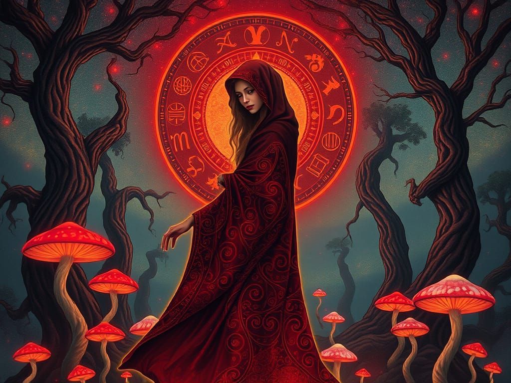Ethereal Woman in Dark Red Aura with Zodiac Symbols