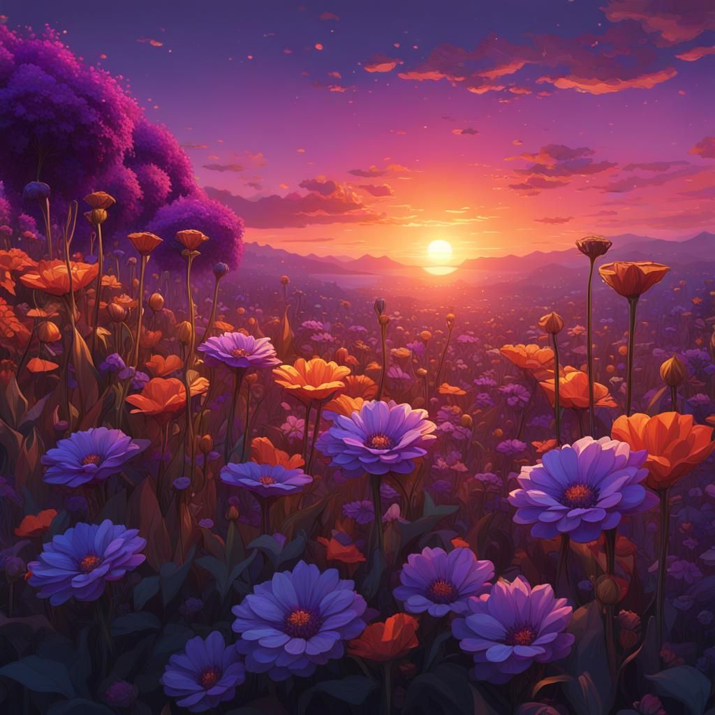 Purple Flowers and Sunset Concept Art