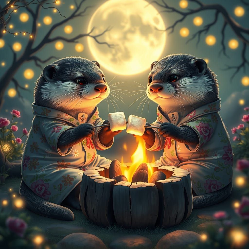 Whimsical Otters Roast Marshmallows in Enchanted Garden Sett...