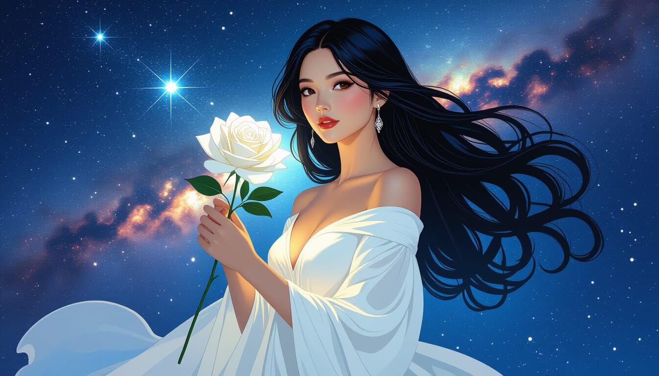 Woman with White Rose in Star Field