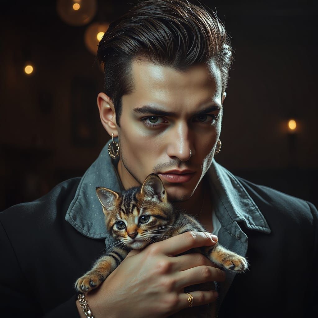 Handsome Grunge Guy with Kitten in Constellation Cafe