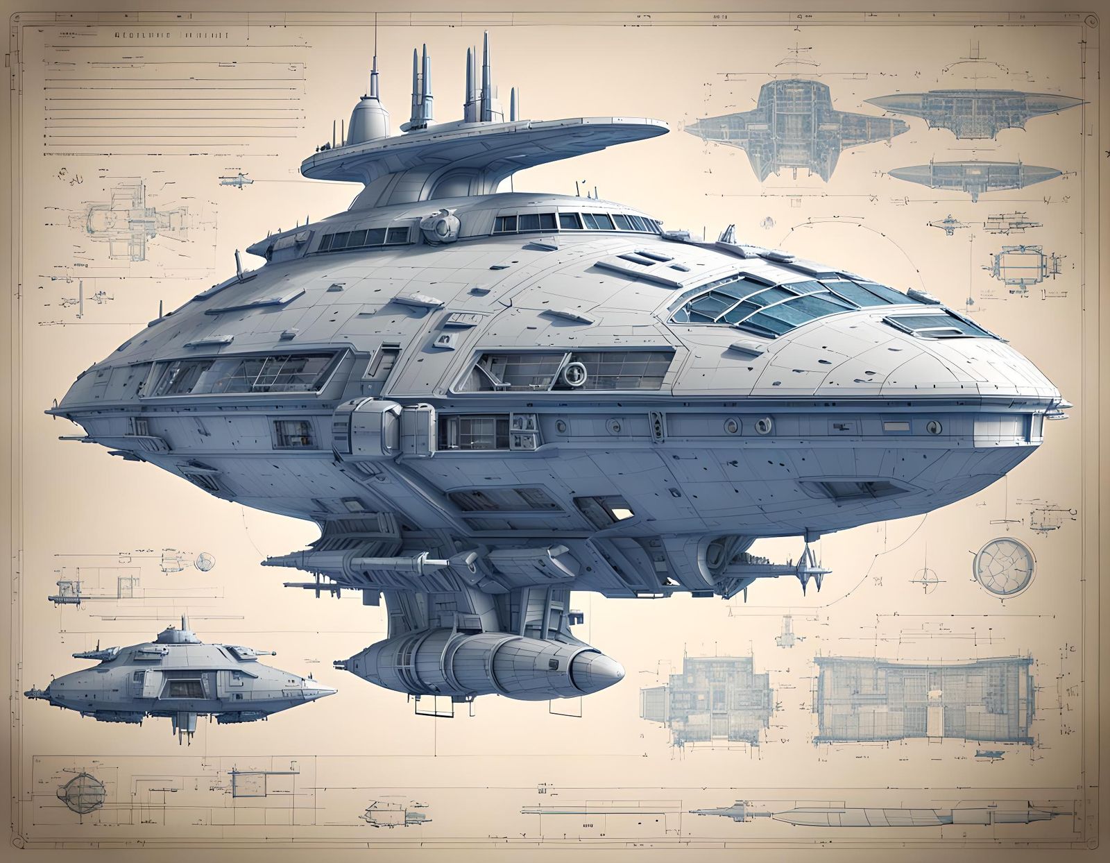 Detailed Starship Blueprint in Post-Apocalyptic Setting