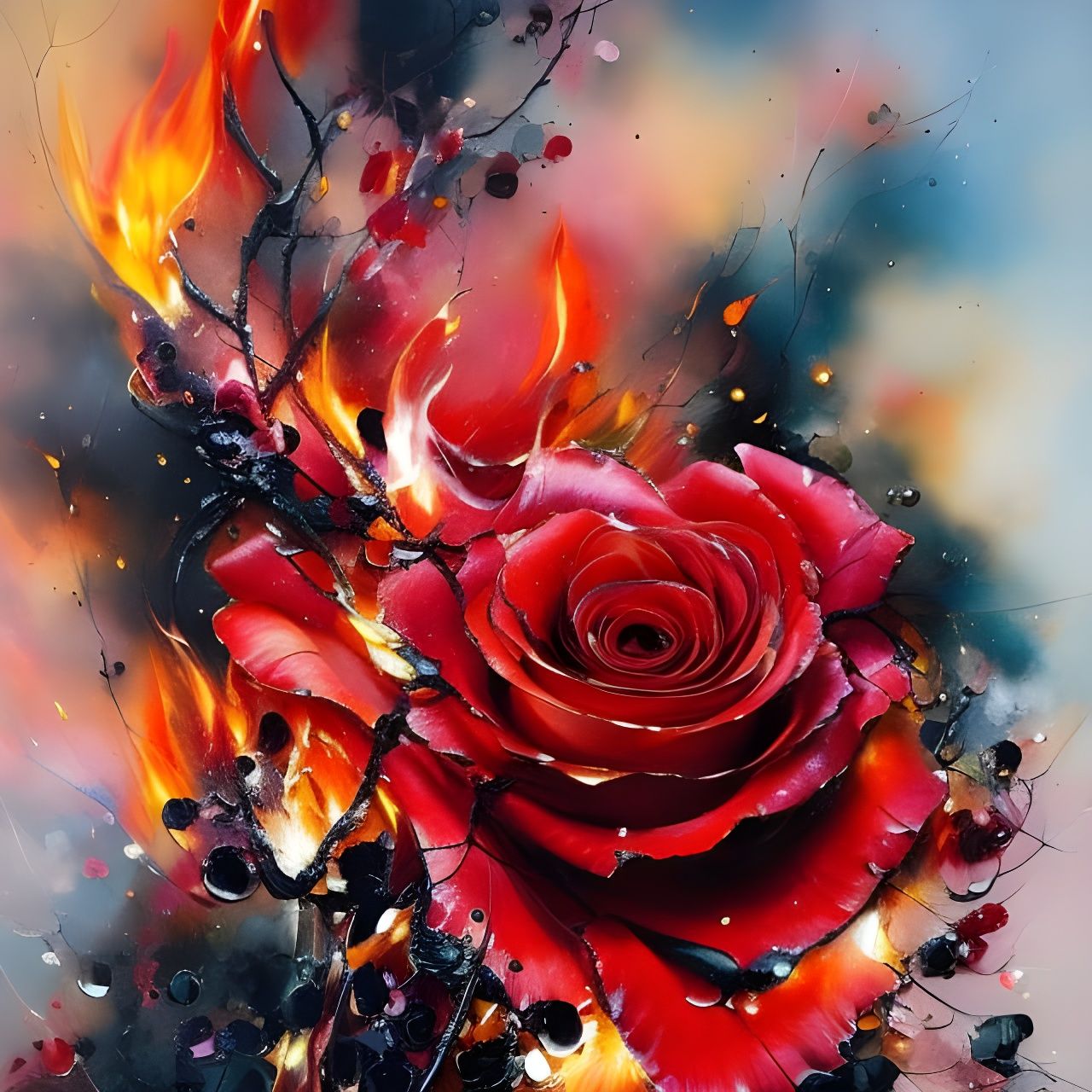Detailed Fire Rose with Oil Splash in Gouache Style