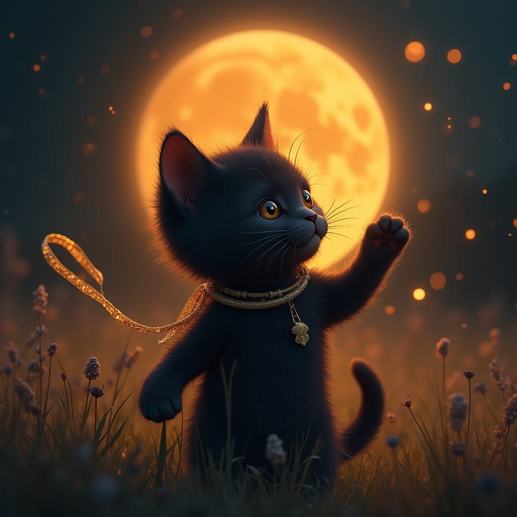 Midnight Kitten Dances with Orange Moon