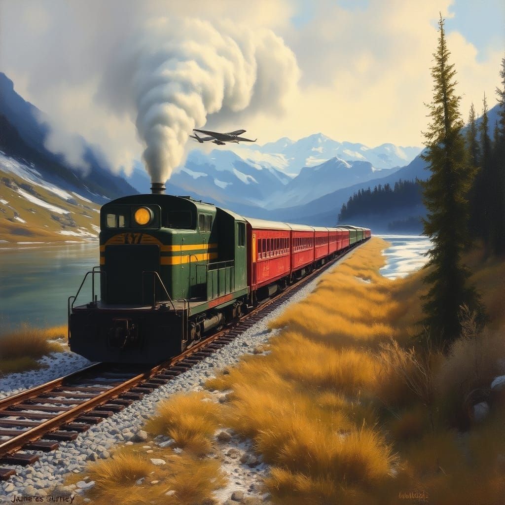Train Veering Towards Water: Oil Painting