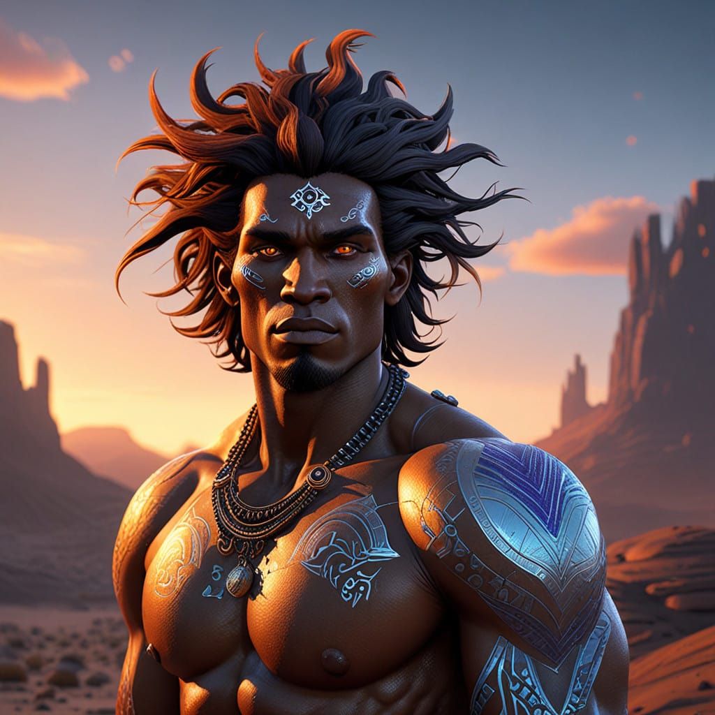 Ethereal Desert Warrior with Glowing Eyes and Iridescent Arm...