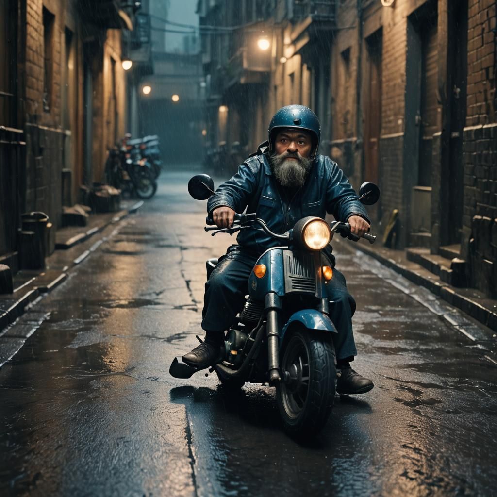Dwarf Rides Moped in Rain-Soaked Alleyway