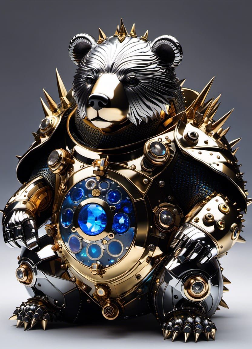 Armored Steampunk Bear with Opal and Sapphire Inlays
