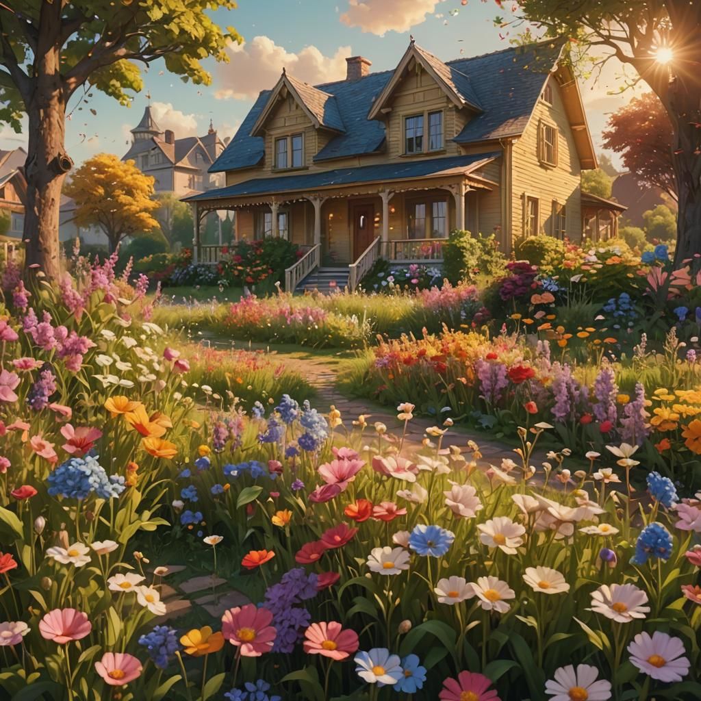Lush Flower Field with Serene House, Splash Art