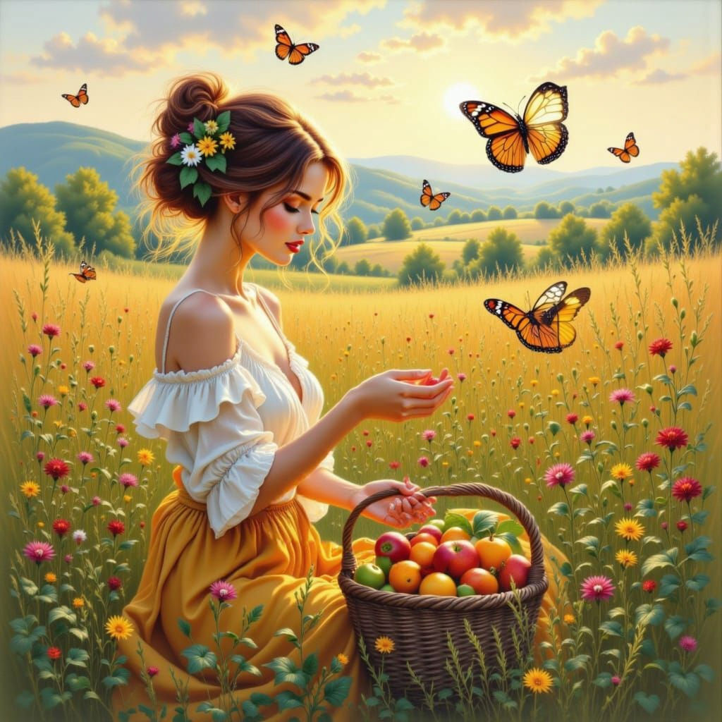 Woman Harvesting Fruits in Golden Afternoon Light