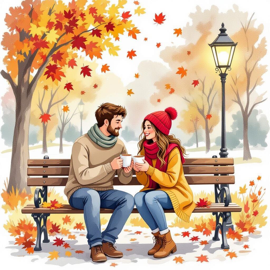 Cozy Couple Enjoying Autumn in Watercolor Style