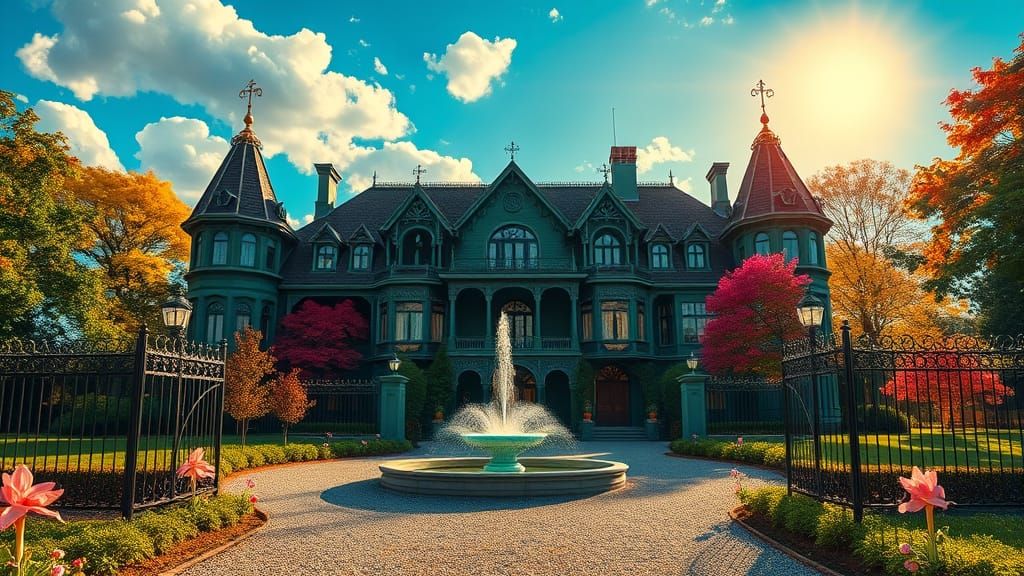 Emerald Victorian Mansion in Serene Countryside