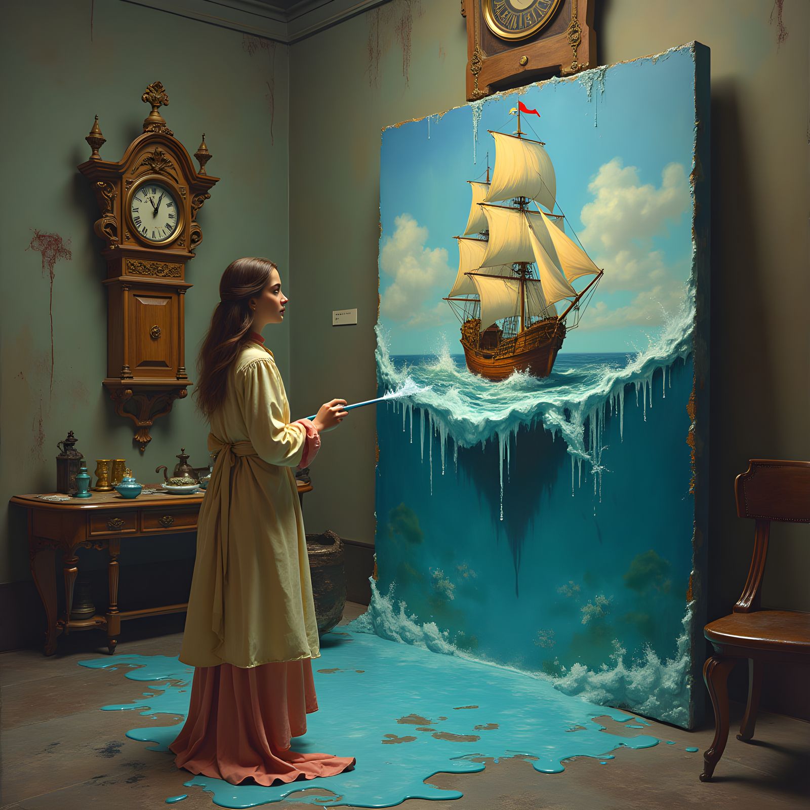 Surreal Painting: Pirate Ship Flooding a Room