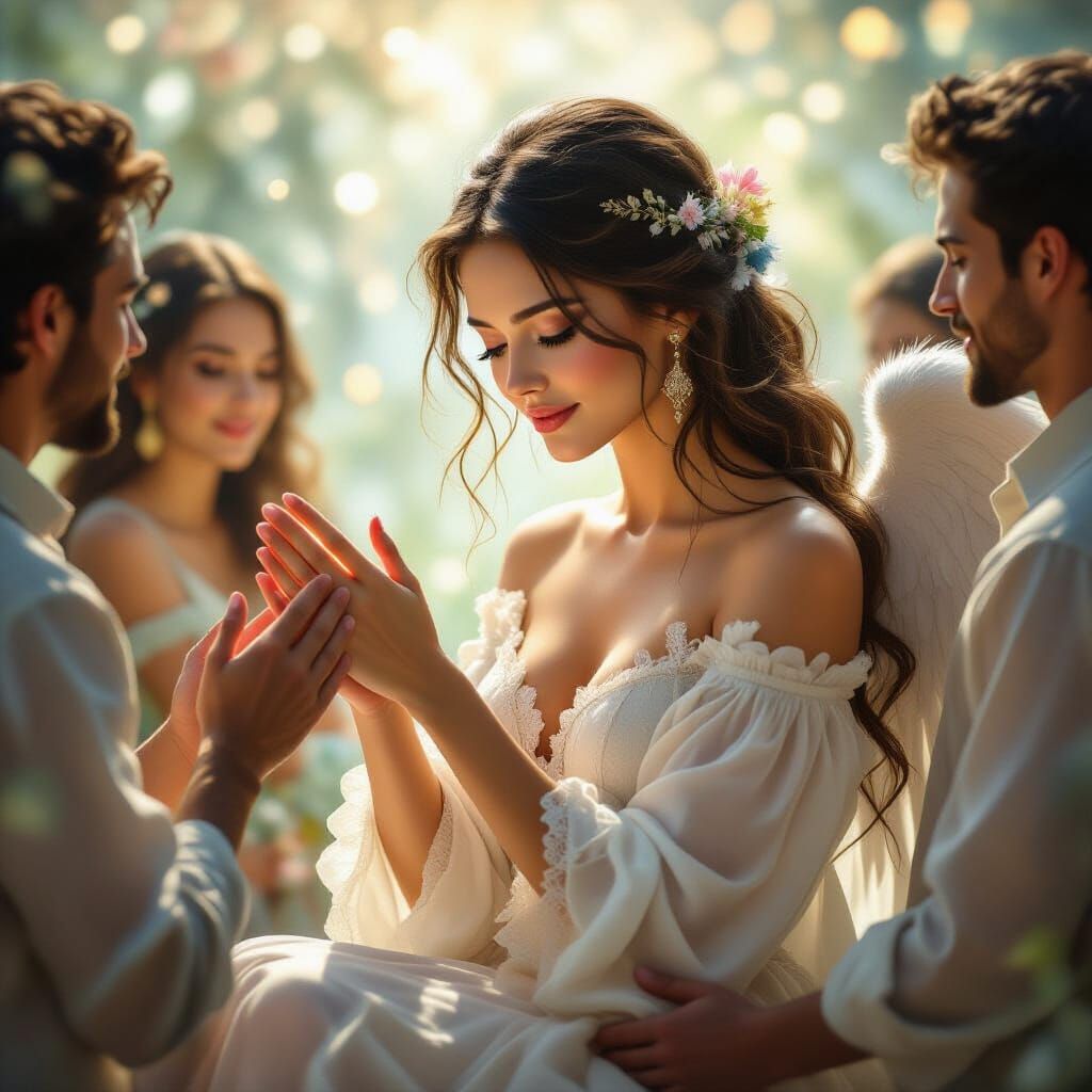 Empathic Woman Touched by Ethereal Light in Dreamlike Scene