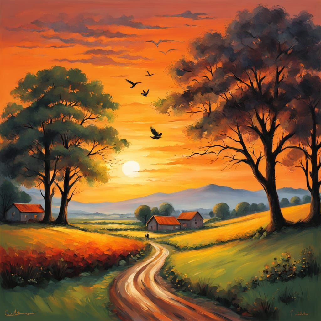 English Village Sunset Oil Painting of a Peasant in a Tracto...