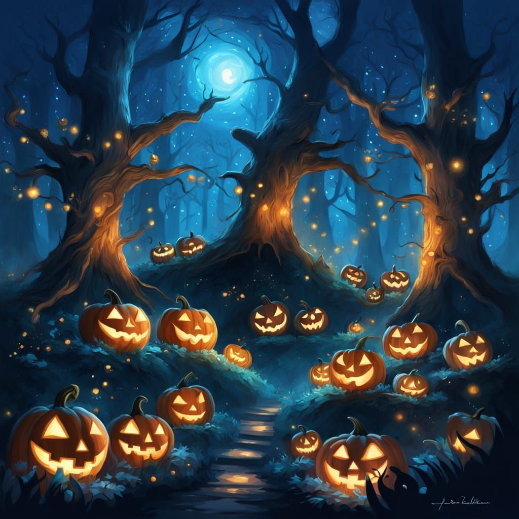 Whimsical Pumpkin Family on Starry Halloween Night