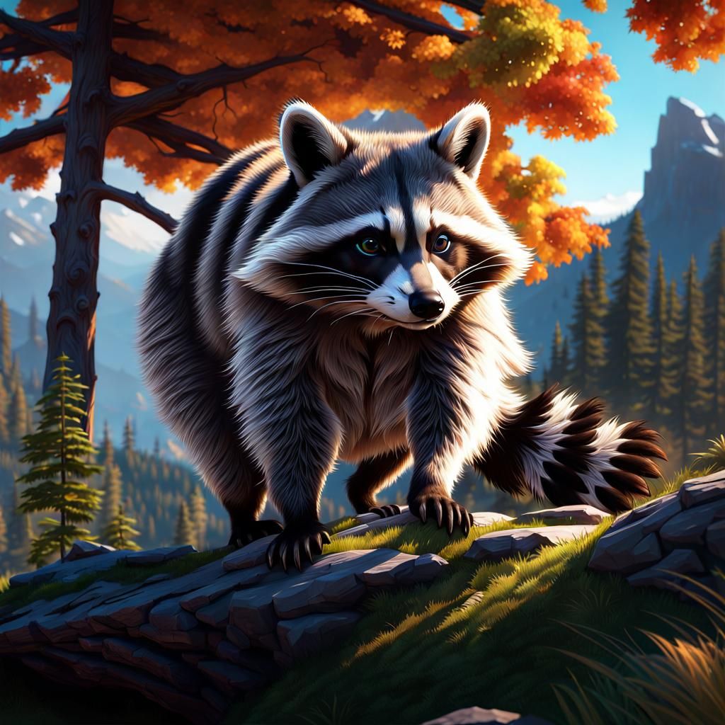 Realistic Raccoon Portrait in Mountain Landscape