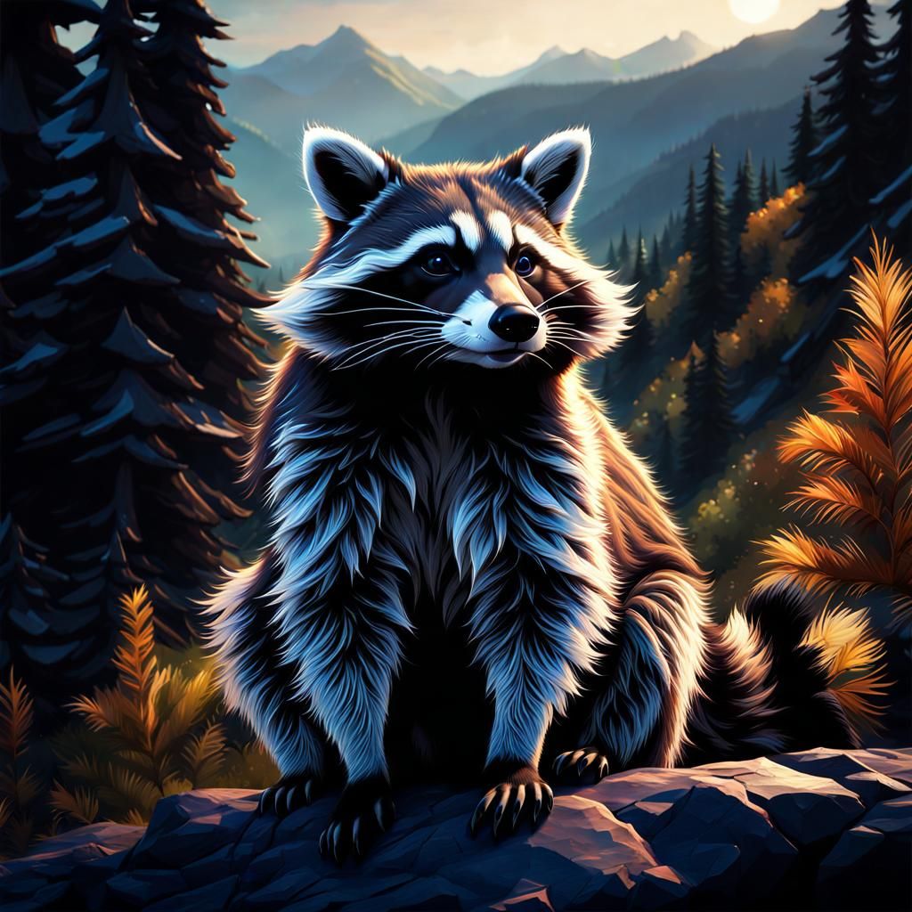 Realistic Raccoon Portrait in Mountain Landscape