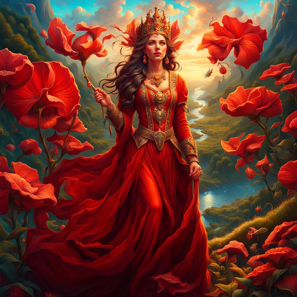 Vibrant Red Fine Art Painting in Storybook Style