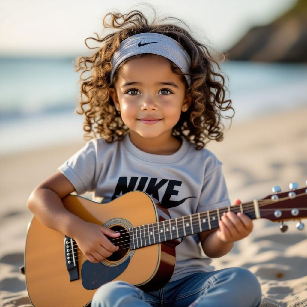 Photorealistic Girl Plays Guitar on Beach