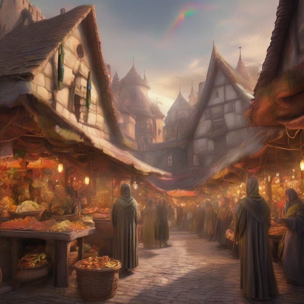 Aliens at a Medieval Market in Oil Painting Style