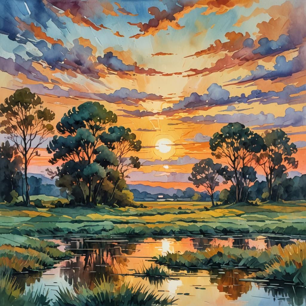 Glass Landscape at Sunset in Gouache Style