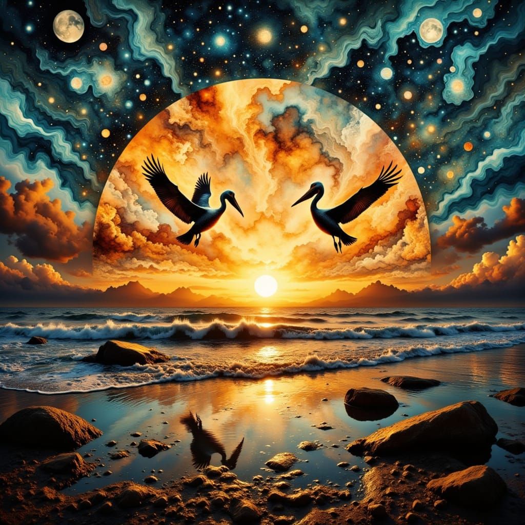 Pelicans Fly Across a Surreal Sunrise