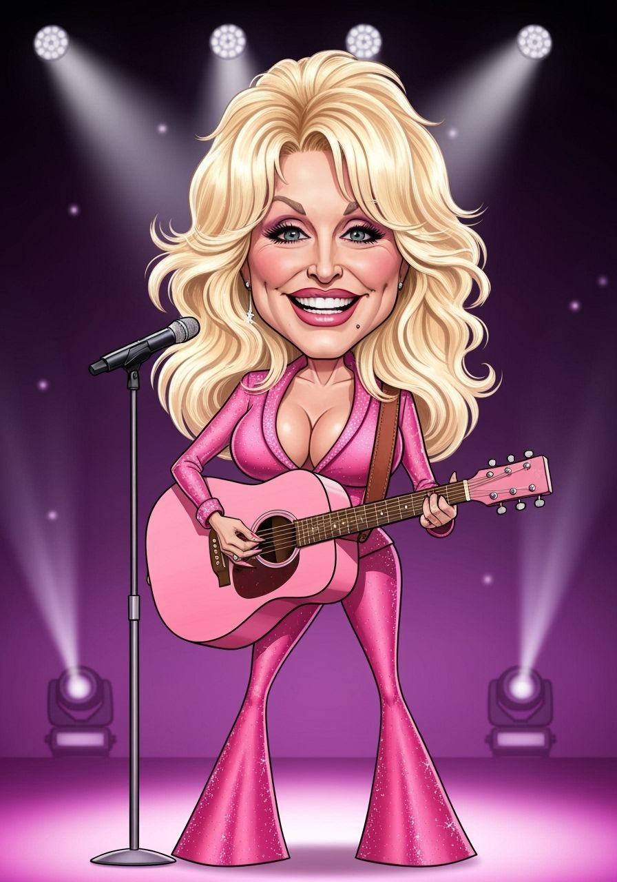 Dolly Parton Caricature Playing Guitar on Stage