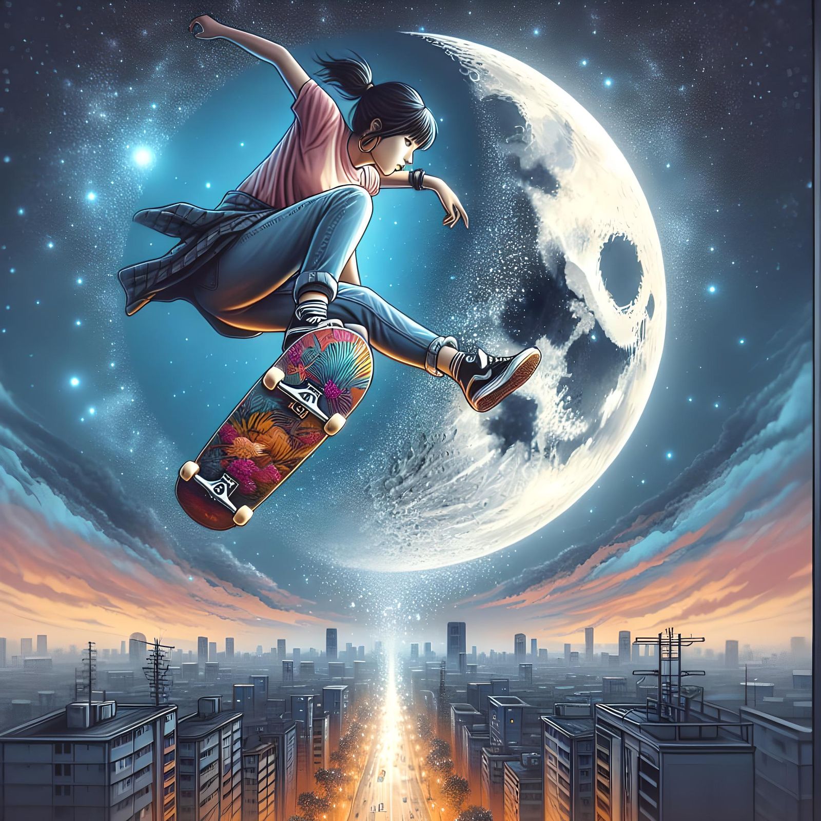 Skateboarder's Moonlit Kickflip: Digital Painting in Anime S...