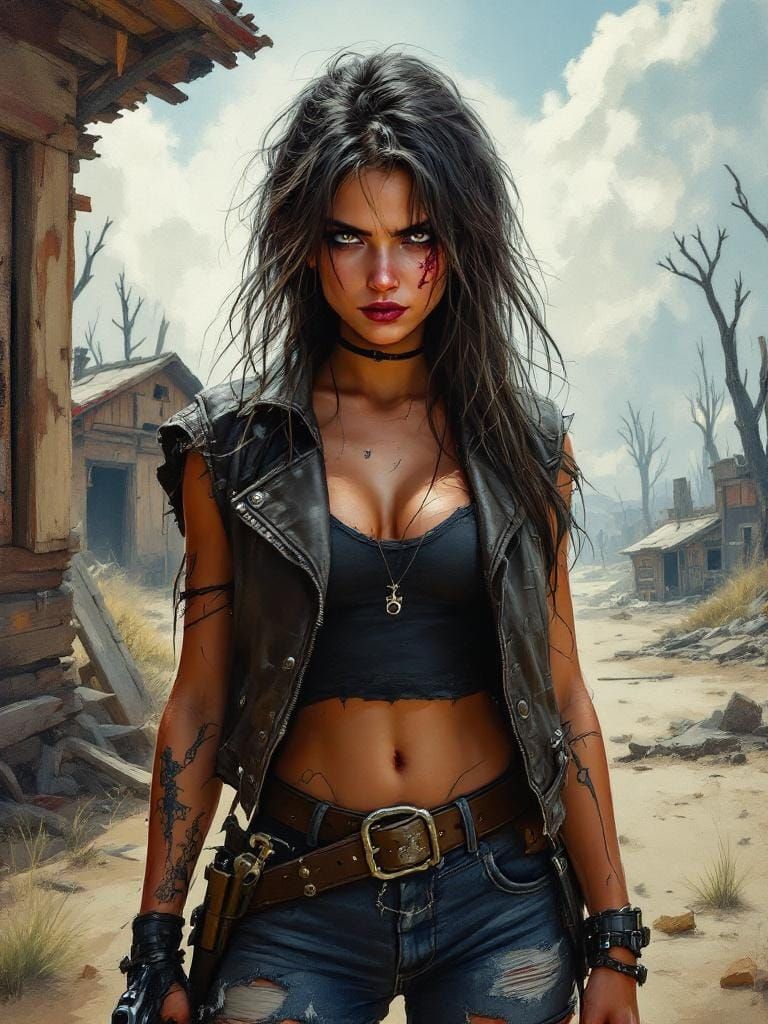 Post-Apocalyptic Woman with Scar, Acrylic Painting