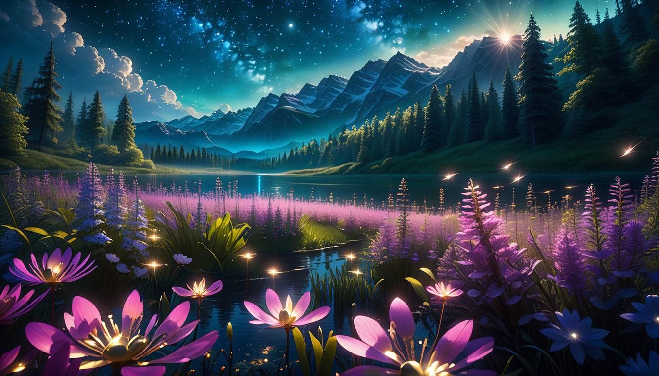 Springtime Dusk Sky with Fireflies and Stars