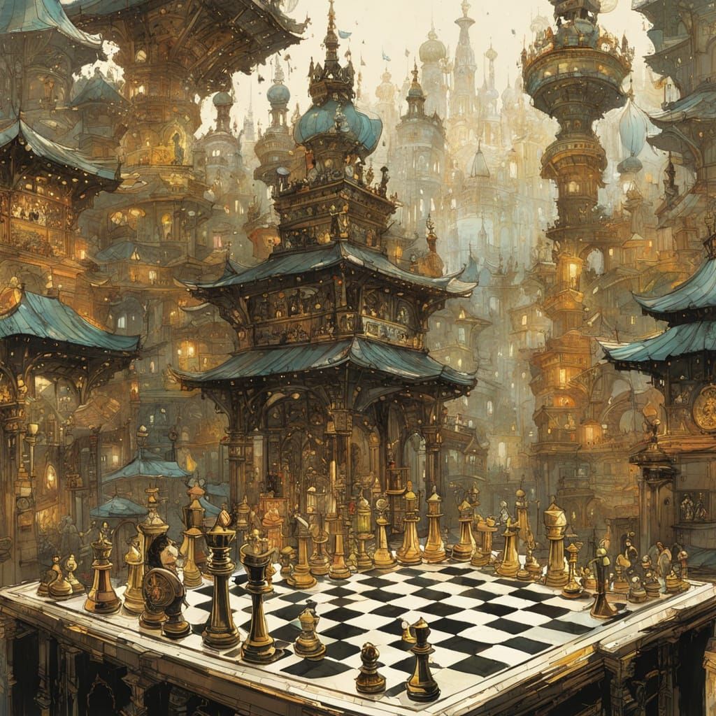 Gold and Silver Chess Game in Watercolor Style