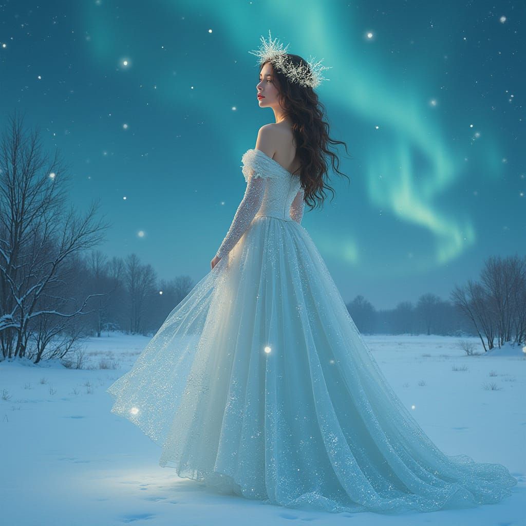 December Personified in Icy Gown and Aurora Light