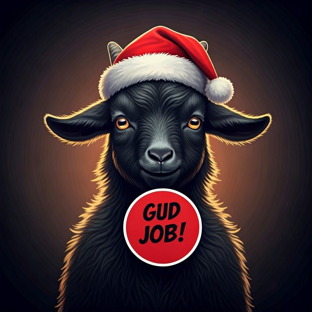 Cute Black Goat Wears Christmas Hat with Demonic Charm