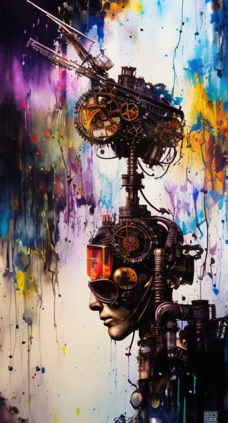 Colorful Steampunk Robot with Ink Splashes
