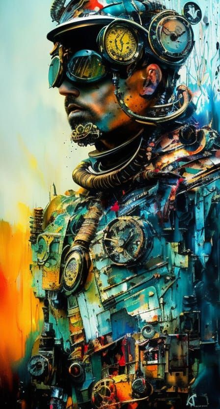 Detailed Steampunk Robot in Ink Splash Style