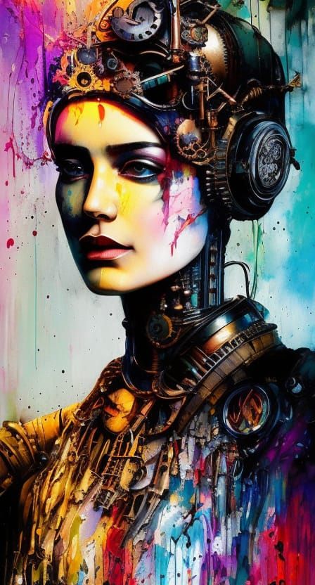 Steampunk Robot Ink Splash in Colorful 3D